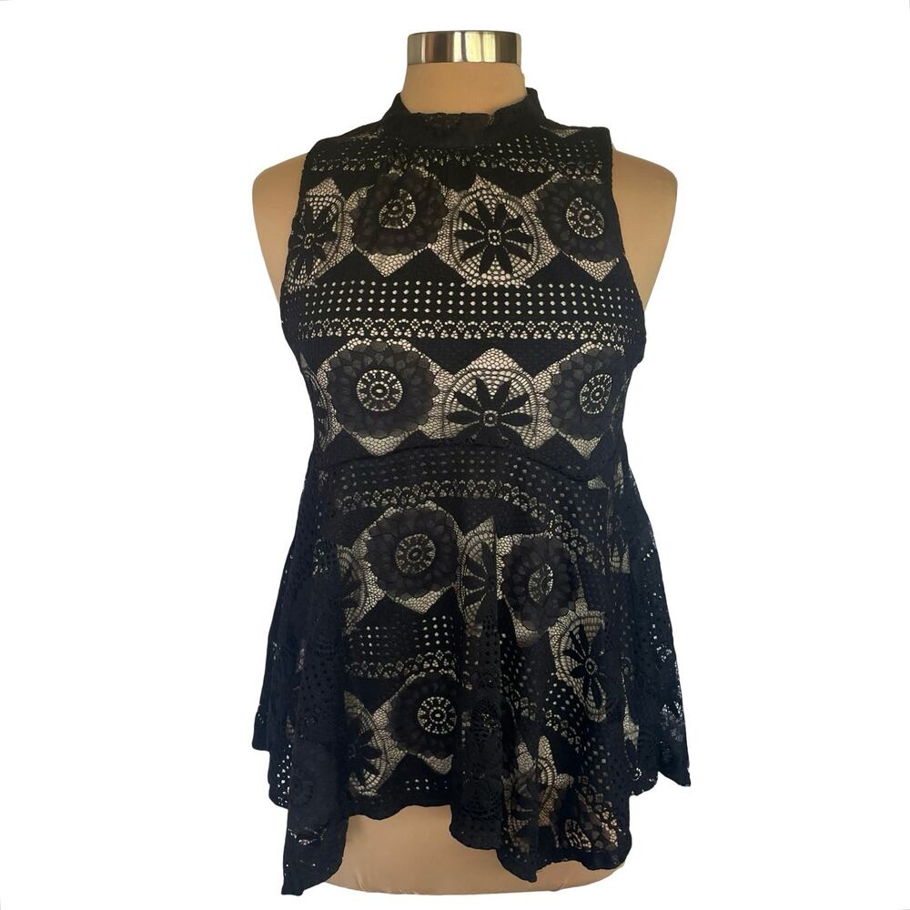 Wrangler Black Crochet Lace Babydoll Sleeveless Top Sz M High Neck Keyhole Back